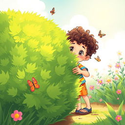A whimsical illustration of a small child playfully peeking out from behind a large, vibrant green bush in a sunny garden