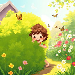 A whimsical illustration of a small child playfully peeking out from behind a large, vibrant green bush in a sunny garden