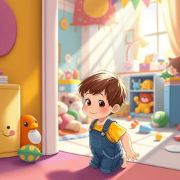 A whimsical scene of a small child peeking curiously around the corner of a colorful room filled with toys