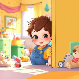 A whimsical scene of a small child peeking curiously around the corner of a colorful room filled with toys