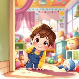 A whimsical scene of a small child peeking curiously around the corner of a colorful room filled with toys