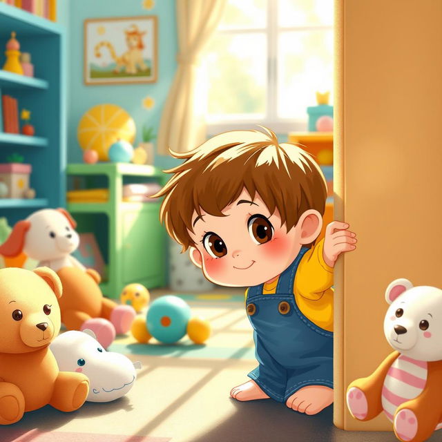 A whimsical scene of a small child peeking curiously around the corner of a colorful room filled with toys