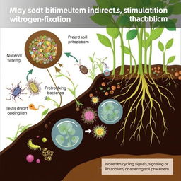 An educational illustration depicting the indirect stimulation of nitrogen fixation by protozoa within a soil ecosystem