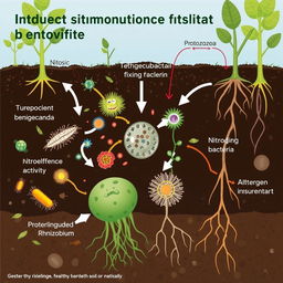 An educational illustration depicting the indirect stimulation of nitrogen fixation by protozoa within a soil ecosystem