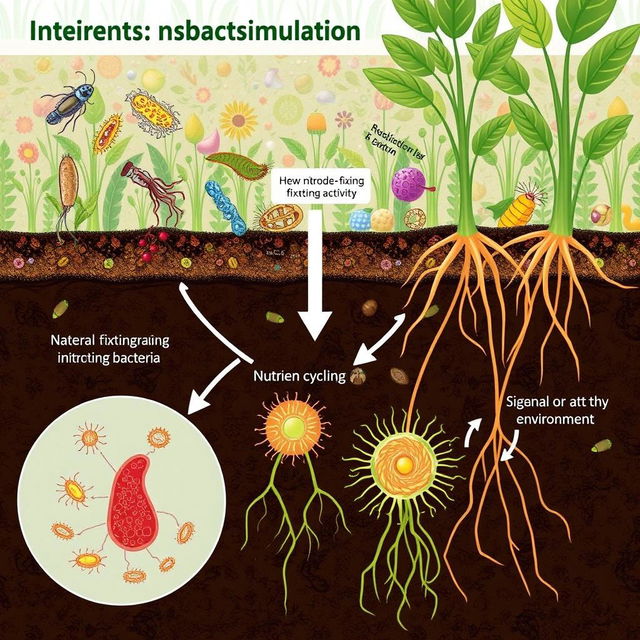 An educational illustration depicting the indirect stimulation of nitrogen fixation by protozoa within a soil ecosystem