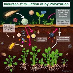 An educational illustration depicting the indirect stimulation of nitrogen fixation by protozoa within a soil ecosystem