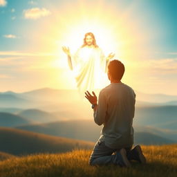 A serene and peaceful spiritual scene depicting a person in prayer, kneeling with hands clasped in front of a glowing figure of Jesus surrounded by soft light, symbolizing hope and faith