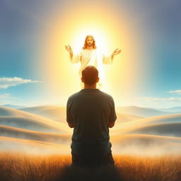 A serene and peaceful spiritual scene depicting a person in prayer, kneeling with hands clasped in front of a glowing figure of Jesus surrounded by soft light, symbolizing hope and faith