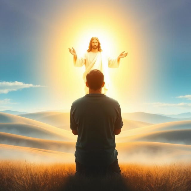 A serene and peaceful spiritual scene depicting a person in prayer, kneeling with hands clasped in front of a glowing figure of Jesus surrounded by soft light, symbolizing hope and faith