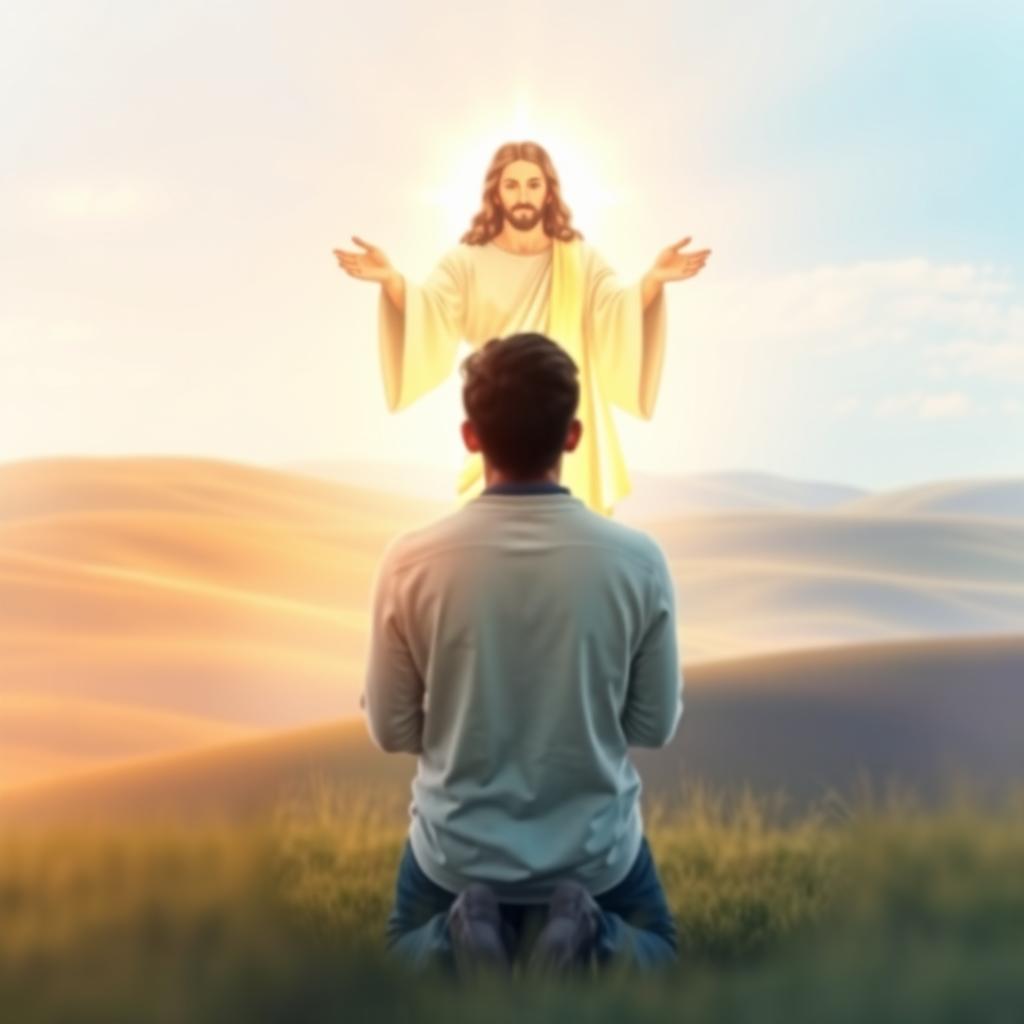 A serene and peaceful spiritual scene depicting a person in prayer, kneeling with hands clasped in front of a glowing figure of Jesus surrounded by soft light, symbolizing hope and faith