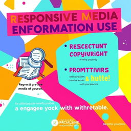 A vibrant digital poster promoting responsible media and information use, featuring bright colors and engaging graphics