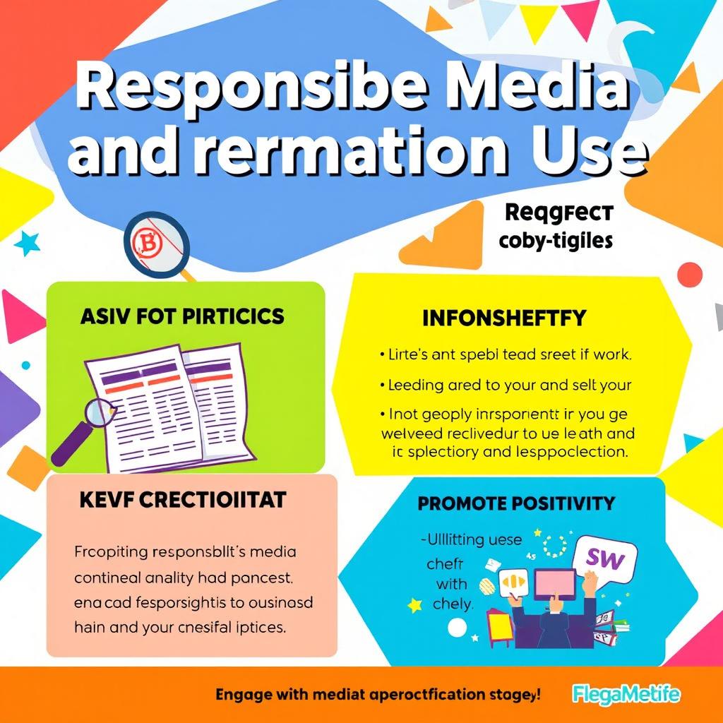 A vibrant digital poster promoting responsible media and information use, featuring bright colors and engaging graphics