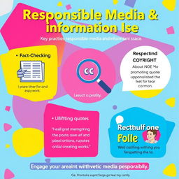 A vibrant digital poster promoting responsible media and information use, featuring bright colors and engaging graphics