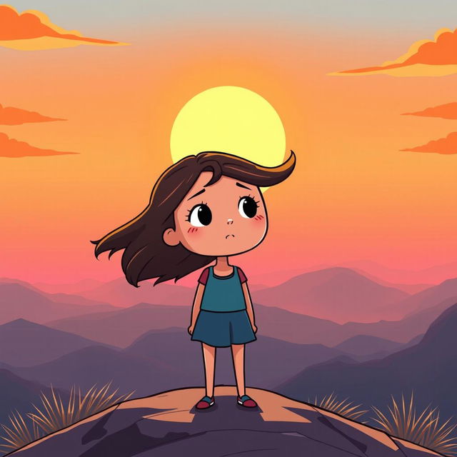 A hopeful cartoon-style scene of a girl standing on top of a mountain at dawn