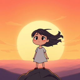 A hopeful cartoon-style scene of a girl standing on top of a mountain at dawn