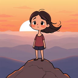 A hopeful cartoon-style scene of a girl standing on top of a mountain at dawn