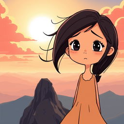 A hopeful cartoon-style scene of a girl standing on top of a mountain at dawn