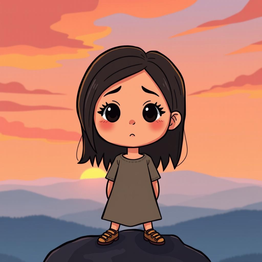 A hopeful scene in cartoon style depicting a girl standing on top of a mountain at sunrise