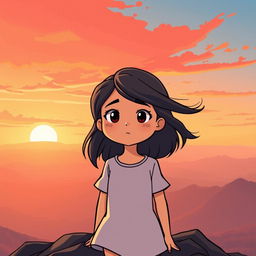 A hopeful scene in cartoon style depicting a girl standing on top of a mountain at sunrise