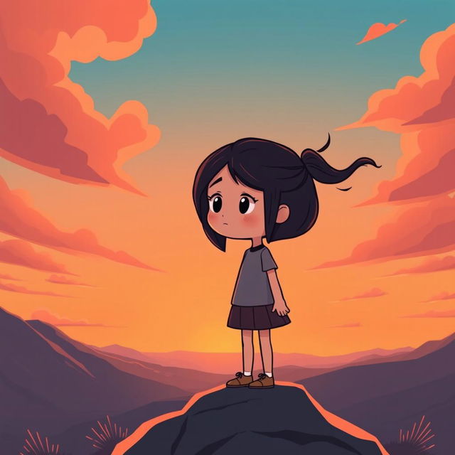 A hopeful scene in cartoon style depicting a girl standing on top of a mountain at sunrise