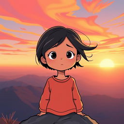 A hopeful scene in cartoon style depicting a girl standing on top of a mountain at sunrise