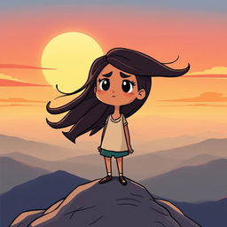 A hopeful cartoon scene depicting a girl standing on top of a mountain at dawn