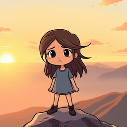 A hopeful cartoon scene depicting a girl standing on top of a mountain at dawn