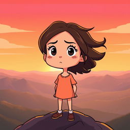 A hopeful cartoon scene depicting a girl standing on top of a mountain at dawn