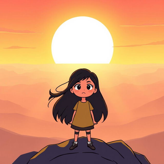 A hopeful cartoon scene depicting a girl standing on top of a mountain at dawn