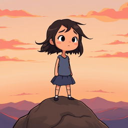 A hopeful scene in cartoon style featuring a girl standing on top of a mountain at dawn