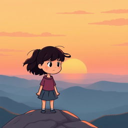 A hopeful scene in cartoon style featuring a girl standing on top of a mountain at dawn
