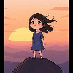A hopeful scene in cartoon style featuring a girl standing on top of a mountain at dawn
