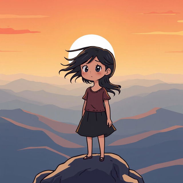A hopeful scene in cartoon style featuring a girl standing on top of a mountain at dawn