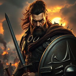 A powerful warrior in a war setting, maintaining the original facial features