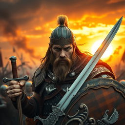 A powerful warrior in a war setting, maintaining the original facial features
