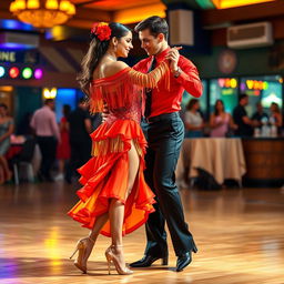 A vibrant, eye-catching rumba dancing outfit, featuring a fitted, sequined top with off-the-shoulder sleeves in bright red and gold colors, adorned with shimmering fringe that sways with movement