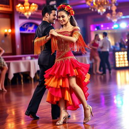 A vibrant, eye-catching rumba dancing outfit, featuring a fitted, sequined top with off-the-shoulder sleeves in bright red and gold colors, adorned with shimmering fringe that sways with movement