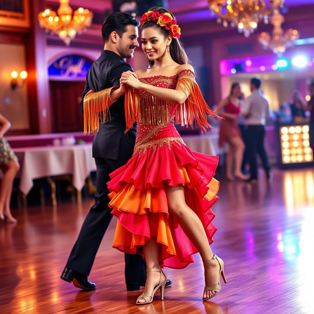A vibrant, eye-catching rumba dancing outfit, featuring a fitted, sequined top with off-the-shoulder sleeves in bright red and gold colors, adorned with shimmering fringe that sways with movement