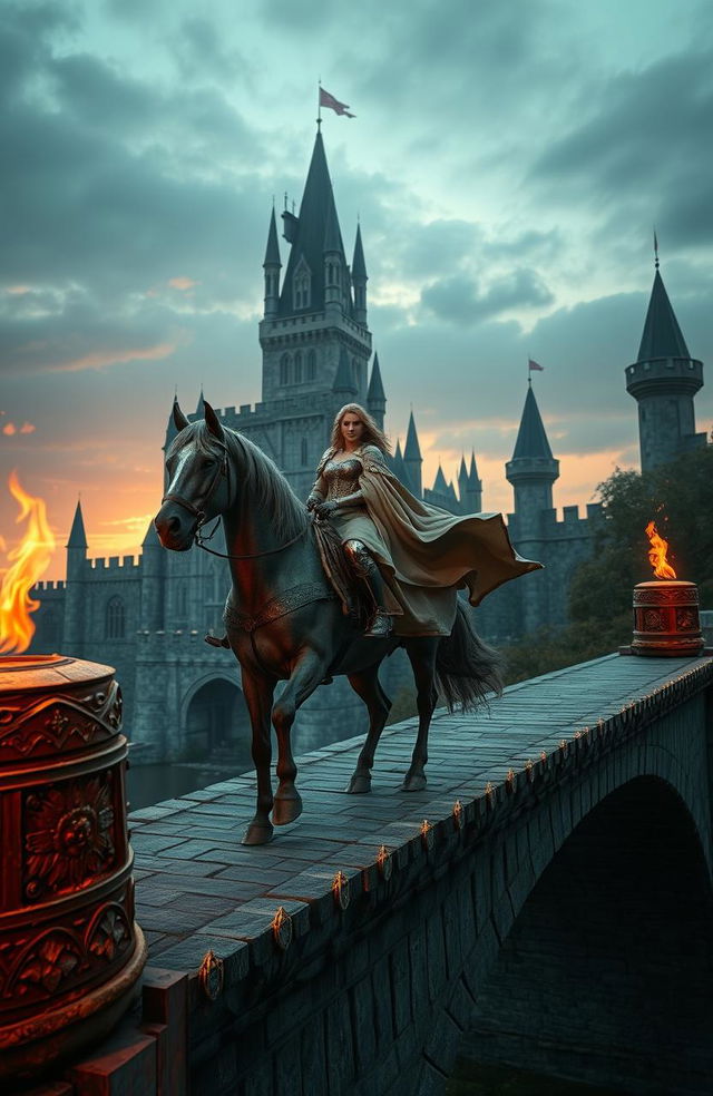 A medieval fantasy scene featuring a princess riding a majestic horse across an ancient bridge