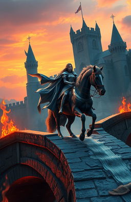 A medieval fantasy scene featuring a princess riding a majestic horse across an ancient bridge