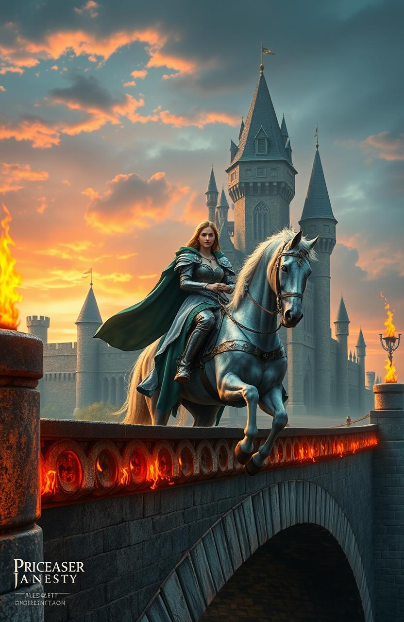 A medieval fantasy scene featuring a princess riding a majestic horse across an ancient bridge