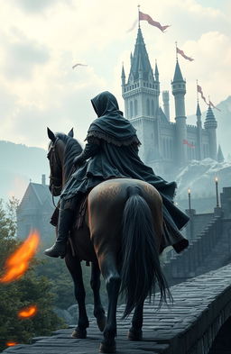 A medieval fantasy scene featuring a hooded princess riding a horse across a bridge, viewed from a distance in profile