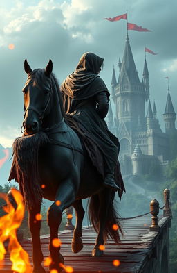 A medieval fantasy scene featuring a hooded princess riding a horse across a bridge, viewed from a distance in profile