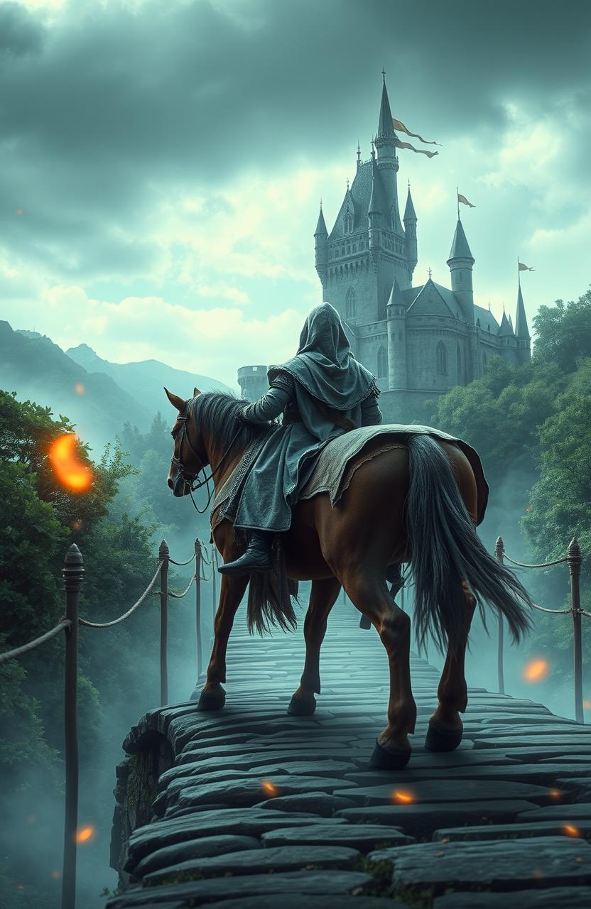 A medieval fantasy scene featuring a hooded princess riding a horse across a bridge, viewed from a distance in profile