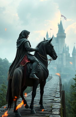 A medieval fantasy scene featuring a hooded princess riding a horse across a bridge, viewed from a distance in profile