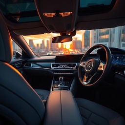 A stunning interior view of a luxury car, showcasing plush leather seats, a sleek dashboard with advanced technology features, and ambient lighting