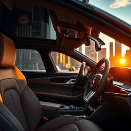 A stunning interior view of a luxury car, showcasing plush leather seats, a sleek dashboard with advanced technology features, and ambient lighting