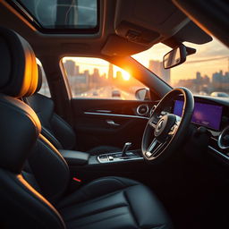 A stunning interior view of a luxury car, showcasing plush leather seats, a sleek dashboard with advanced technology features, and ambient lighting