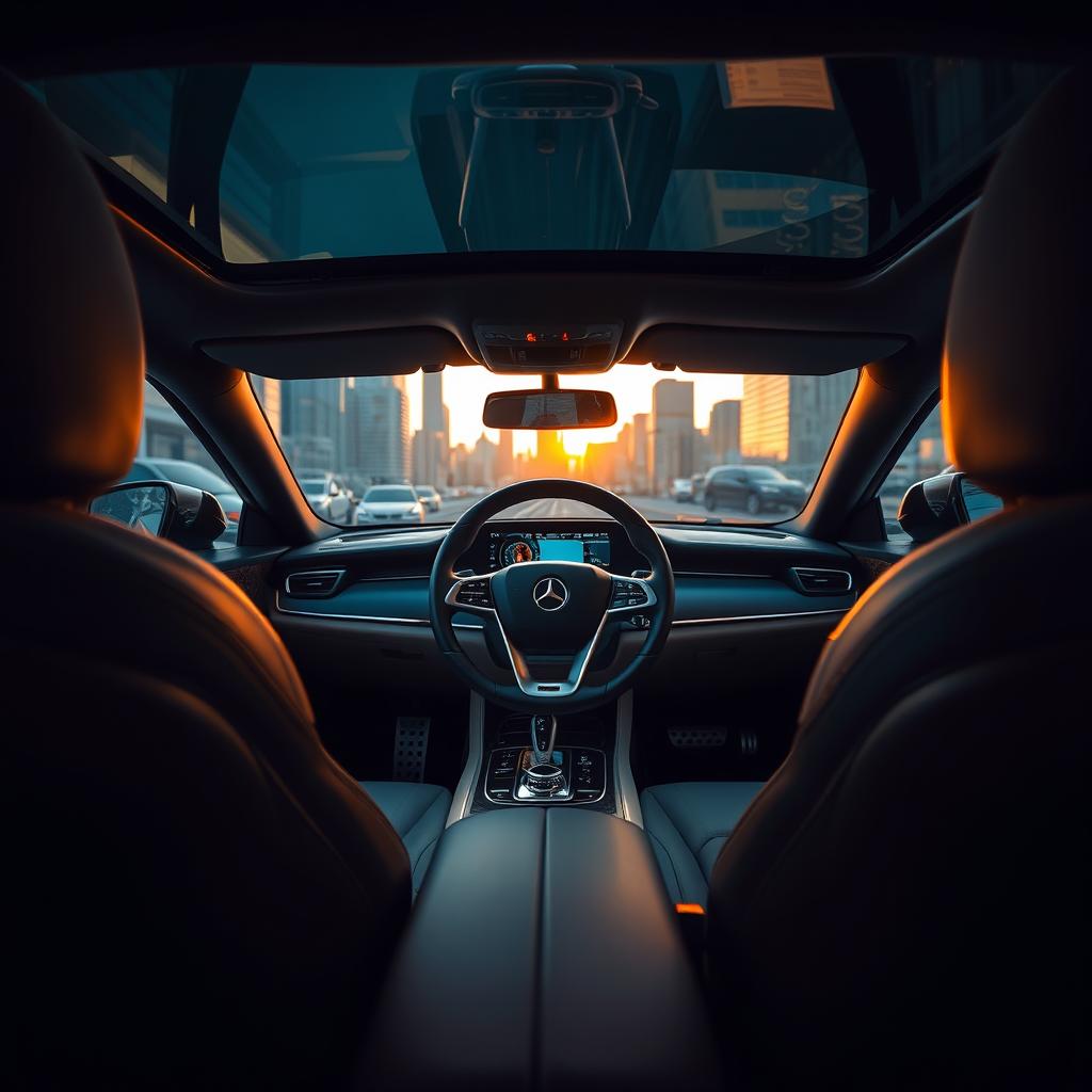 A stunning interior view of a luxury car, showcasing plush leather seats, a sleek dashboard with advanced technology features, and ambient lighting