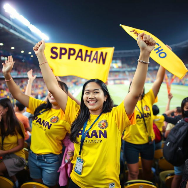 A group of enthusiastic girl fans of Spahan football club, passionately cheering in a stadium